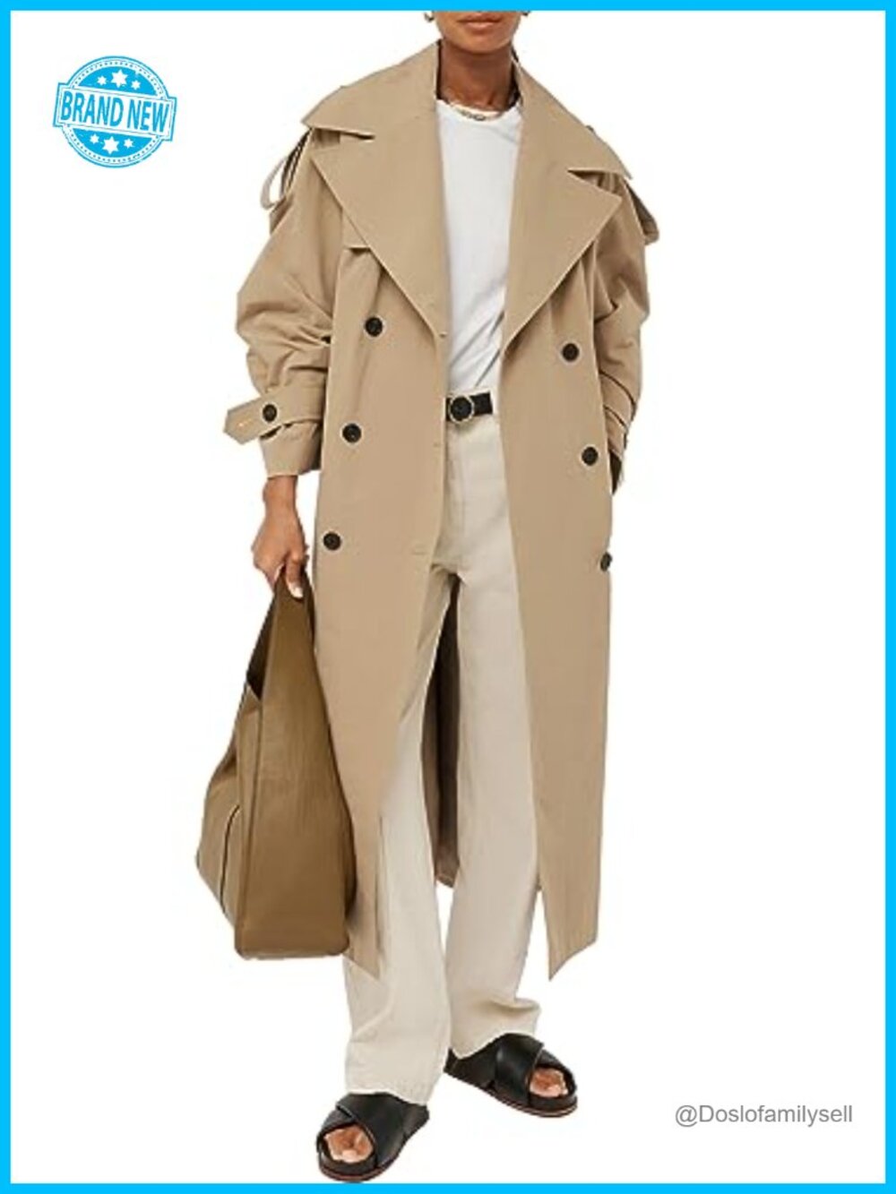 Women's Long Trench Coat Double Breasted Lapel Windproof Loose Fit